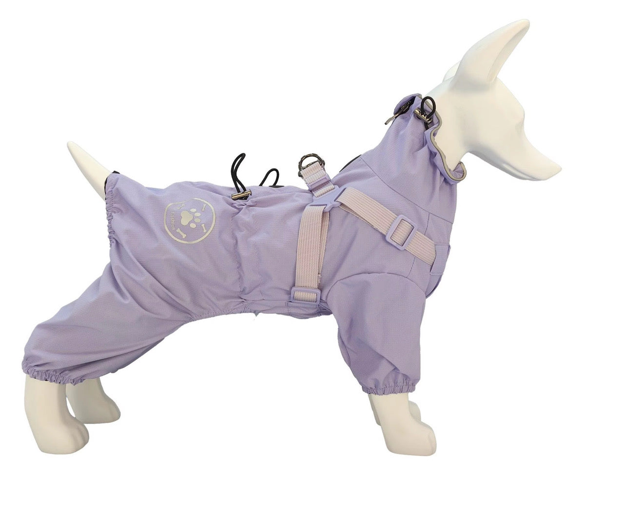 Puddlesuit for Small Dogs with integrated harness.
