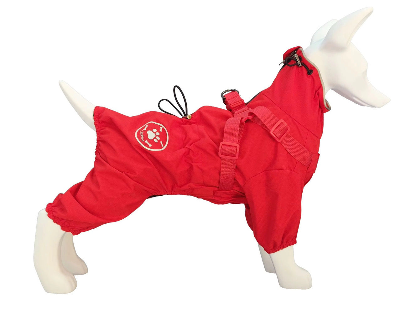Puddlesuit for Small Dogs with integrated harness.